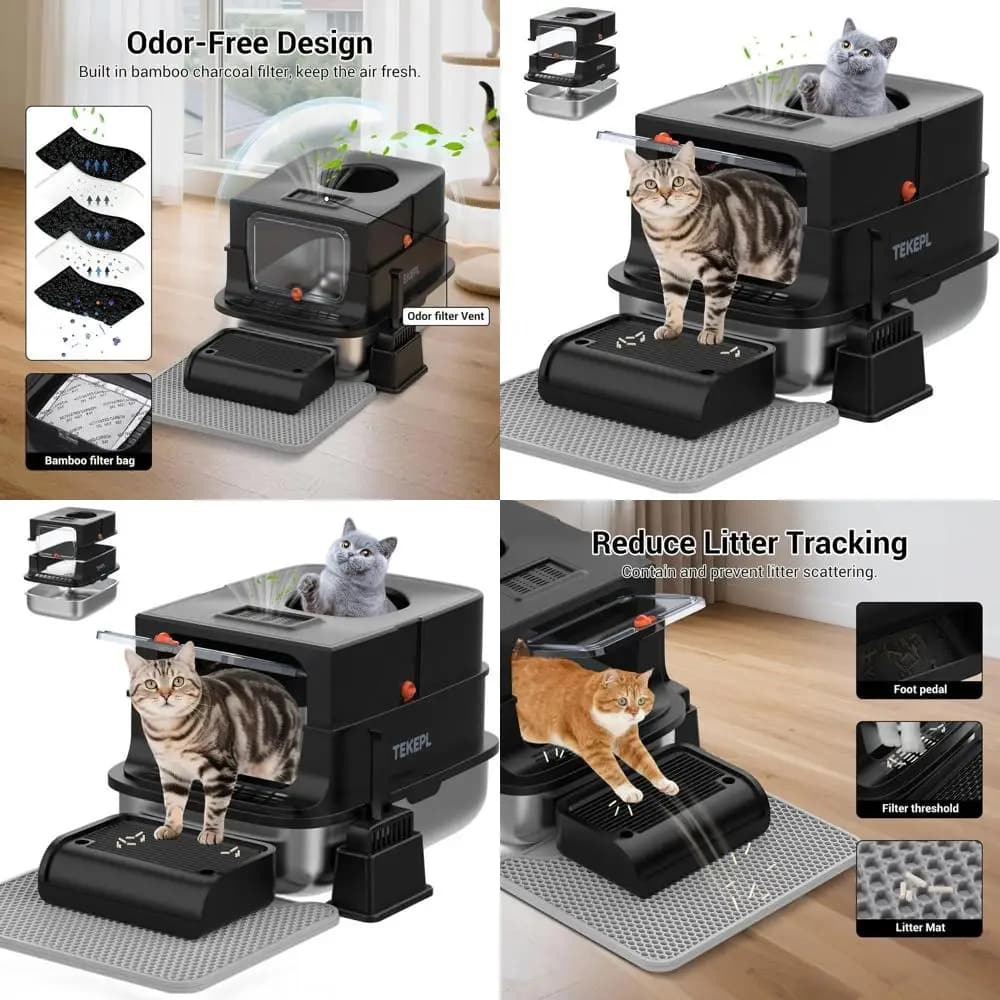 Lettiera per Gatti in Metallo Extra Large con Coperchio, Lati Alti, Ingresso dall'Alto, Facile da Pulire, Controllo degli Odori, Nera