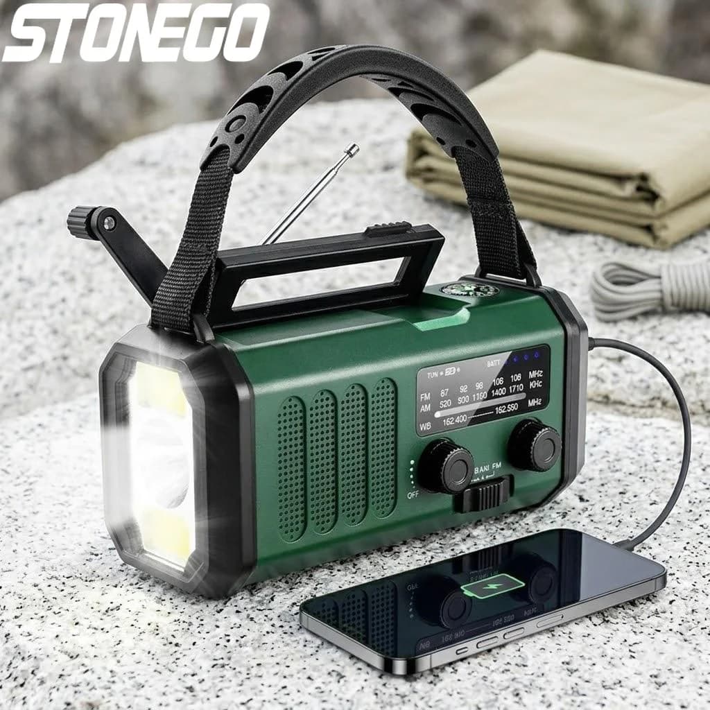 10000mAh Solar Power Bank Portable Charger AM FM Radio Weather Alert LED Flashlight SOS Outdoor Survival Gear