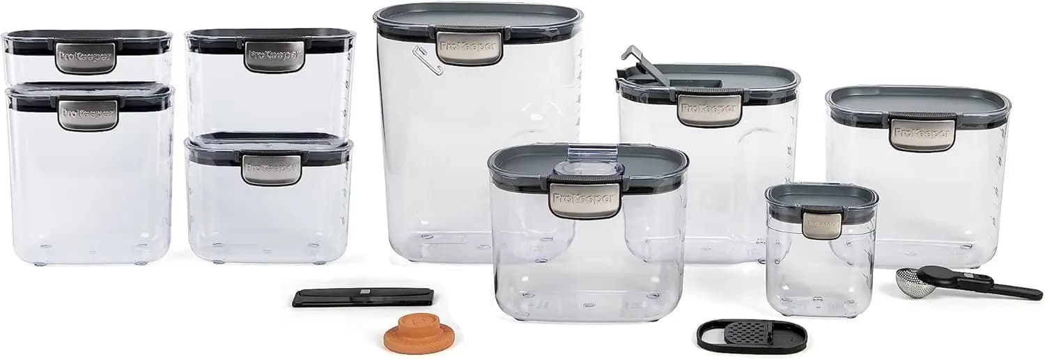 Set di Contenitori Ermetici per Alimenti - Barattoli in Plastica Trasparente con Accessori Magnetici per l'Organizzazione della Cucina, Grigio, 13 Pezzi