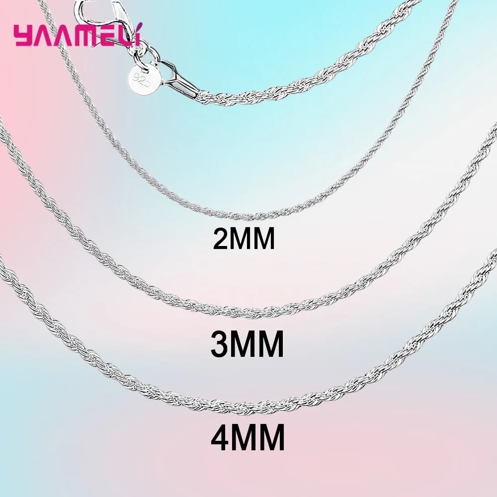Vendita superiore vera pura collana in argento Sterling 925 catena di gioielli per uomo donna 2MM 3MM 4MM larghezza corda intrecciata con chiusure a moschettone
