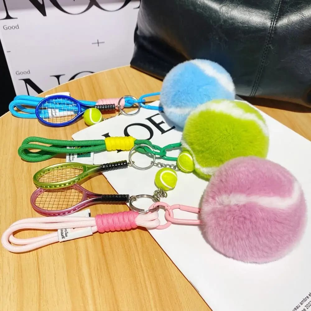 Fashion Tennis Ball Pendant Backpack Hanging Anti Lost Rex Rabbit Fur Keyrings Cartoon Jewelry Tennis Keychain Car Decoration