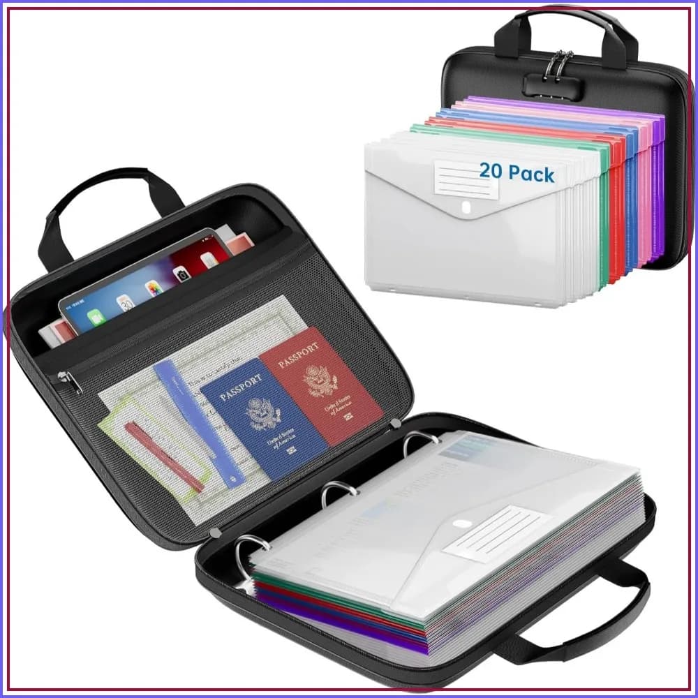 Binder Folders Organizer with 20 Heavyweight Plastic Pockets, Fireproof File Folder Box with Lock, Zipper Binder Bag for Letter Size Documents