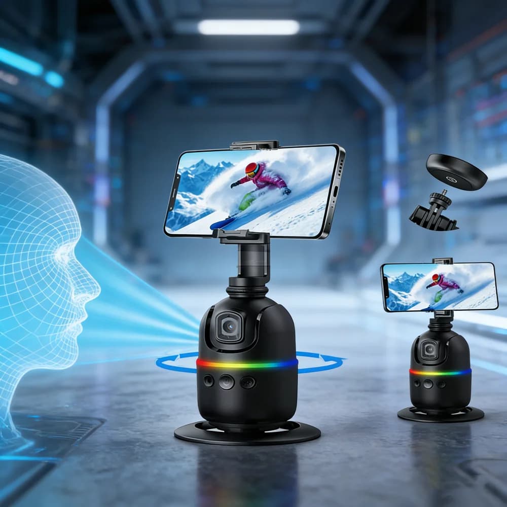Roreta AI Gimbal Stabilizzatore per Telefono da Tavolo All-in-One 360° ° Treppiede con tracciamento automatico del volto per smartphone, video, vlog e live streaming