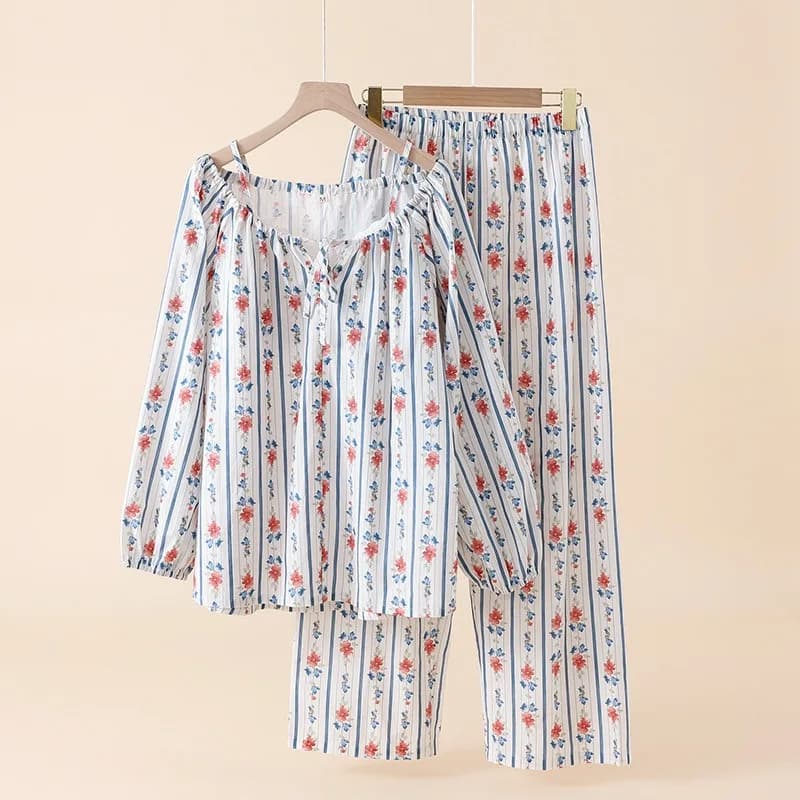 Retro French Pure Cotton Single-layer Yarn Pajamas Women's Long-sleeved Trousers Loungewear Set Slash Neck Striped Floral Pijama