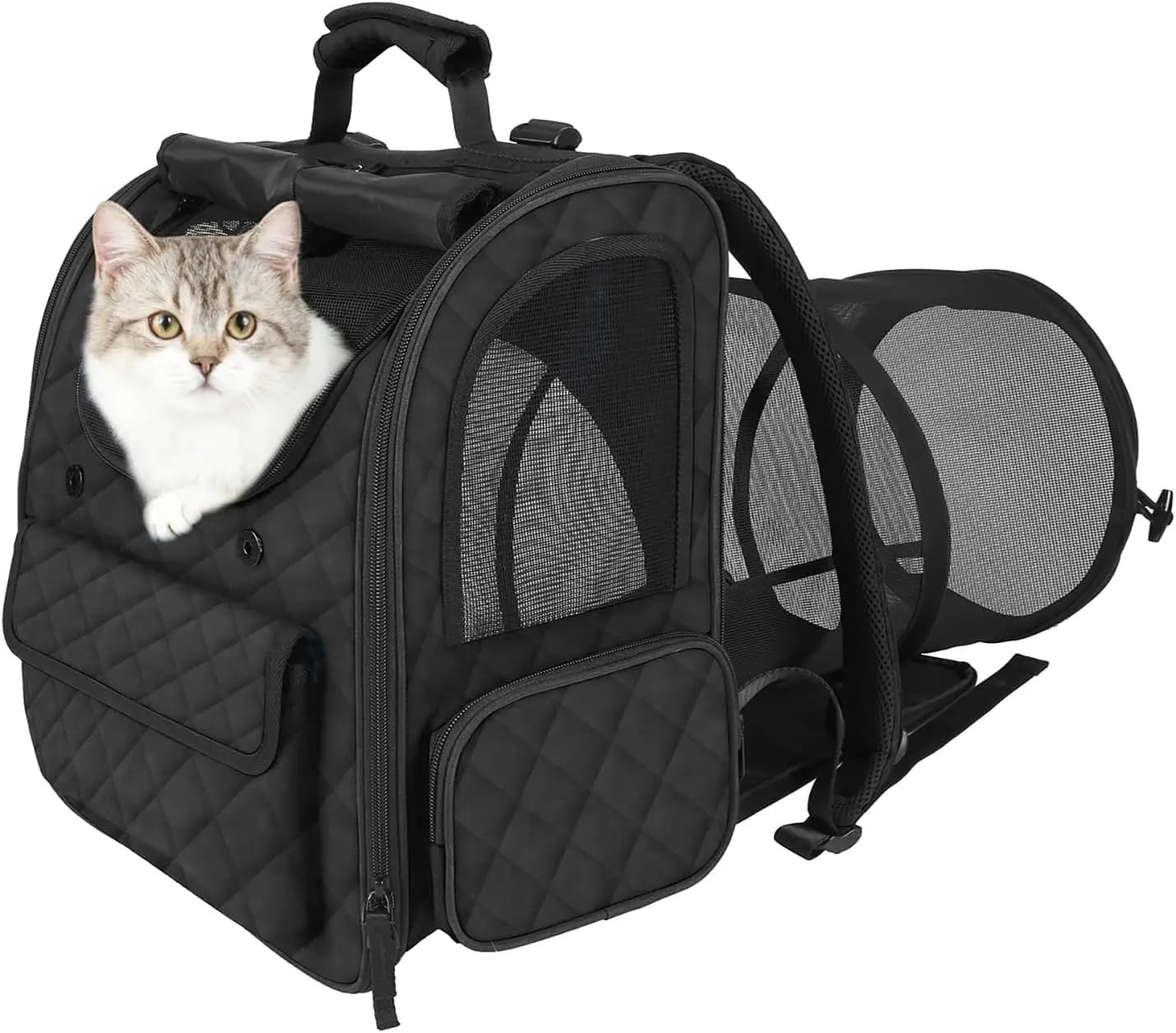 Zaino espandibile per gatti con rete traspirante per piccoli animali domestici inferiori a 15 libbre, tasche multiple per viaggi ed escursioni in nero