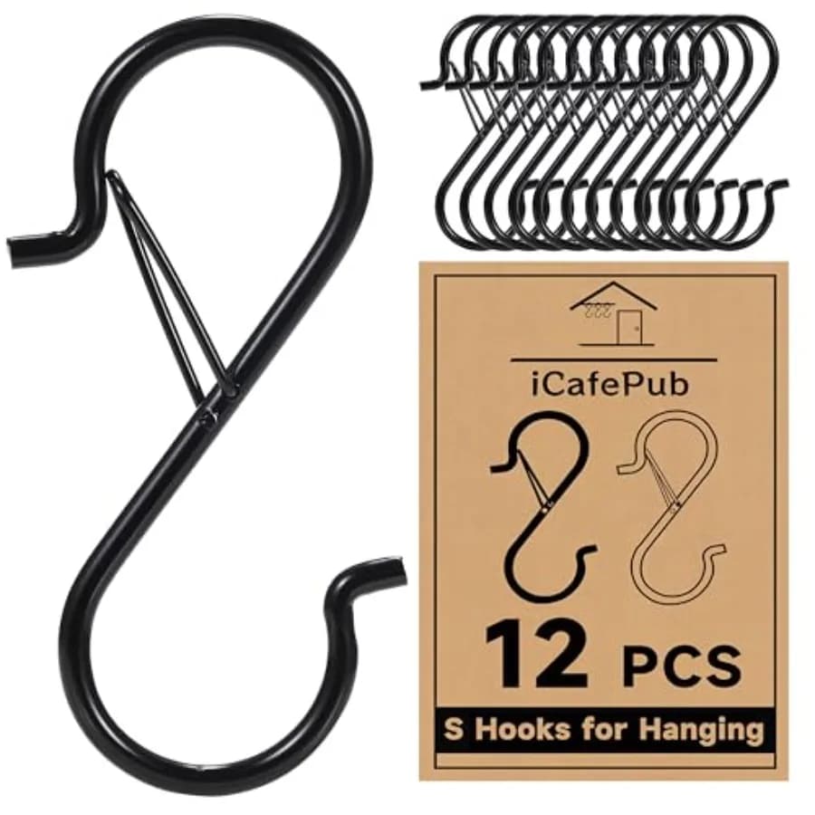 12 S hooks for hanging objects with safety buckle, 3.5 inch hard metal hooks for kitchen utensils, cups, pots, plants, bags