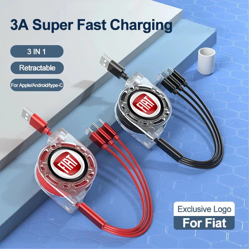 Cavo dati retrattile 3 in 1 USB Type-C Caricabatteria per auto Testa Accessori auto per Fiat 500 Punto Panda Doblo Stilo Bravo Pondo FR