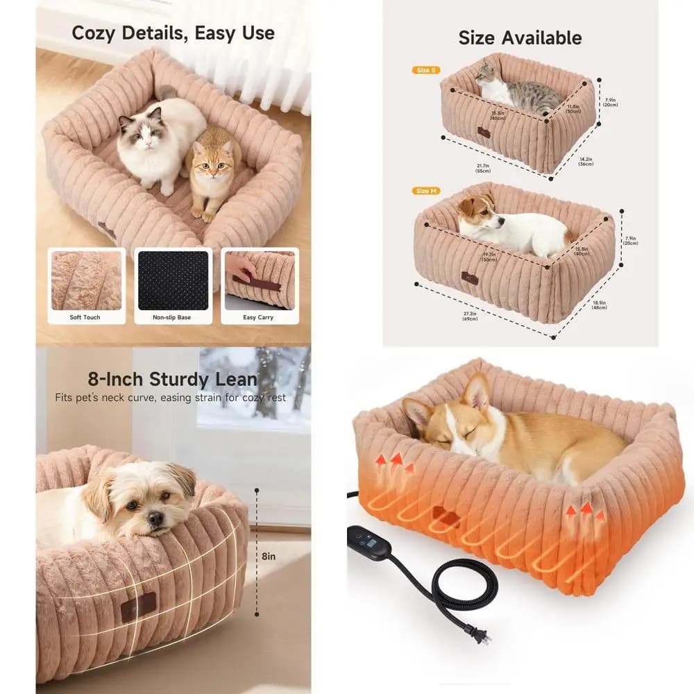 Letto per animali riscaldato per interni marrone medio con 6 opzioni di temperatura e 5 timer, copertura lavabile rimovibile per gatti, cani e cuccioli