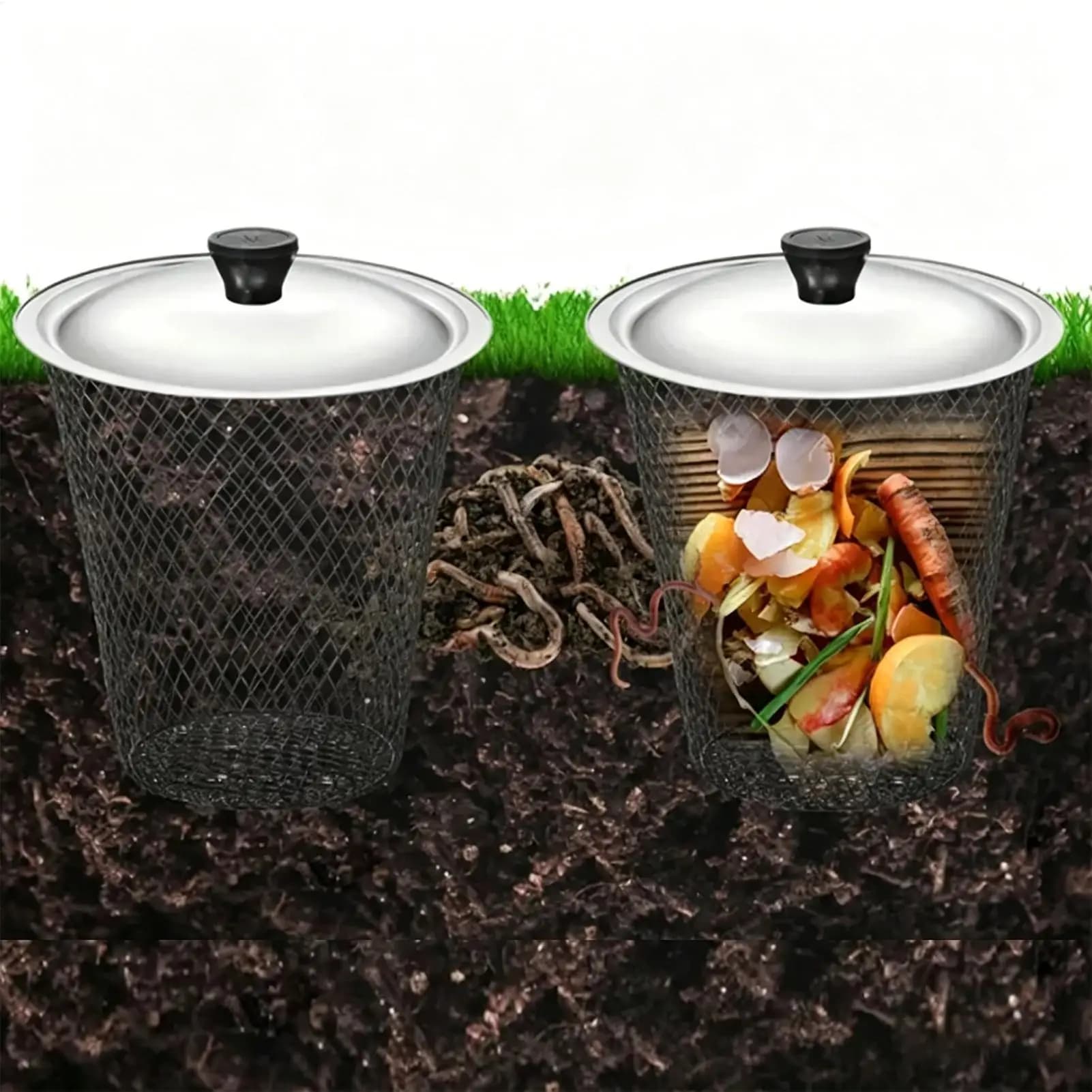 Worm Composter 2 Pieces Metal Mesh Compost Container with Lid In-Ground Worm Compost Bin for Nutrient Supply Kitchen Scraps