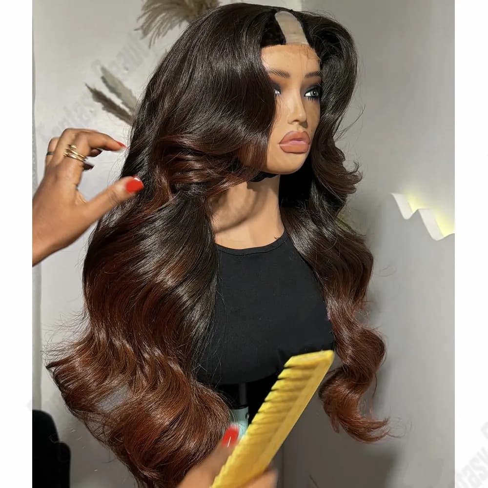 Loose Wavy U Part Wig Human Hair for Women Chestnut Brown Ombre Glueless 1x4 Size V Shaped Wig Human Hair with Clips Easy Wear