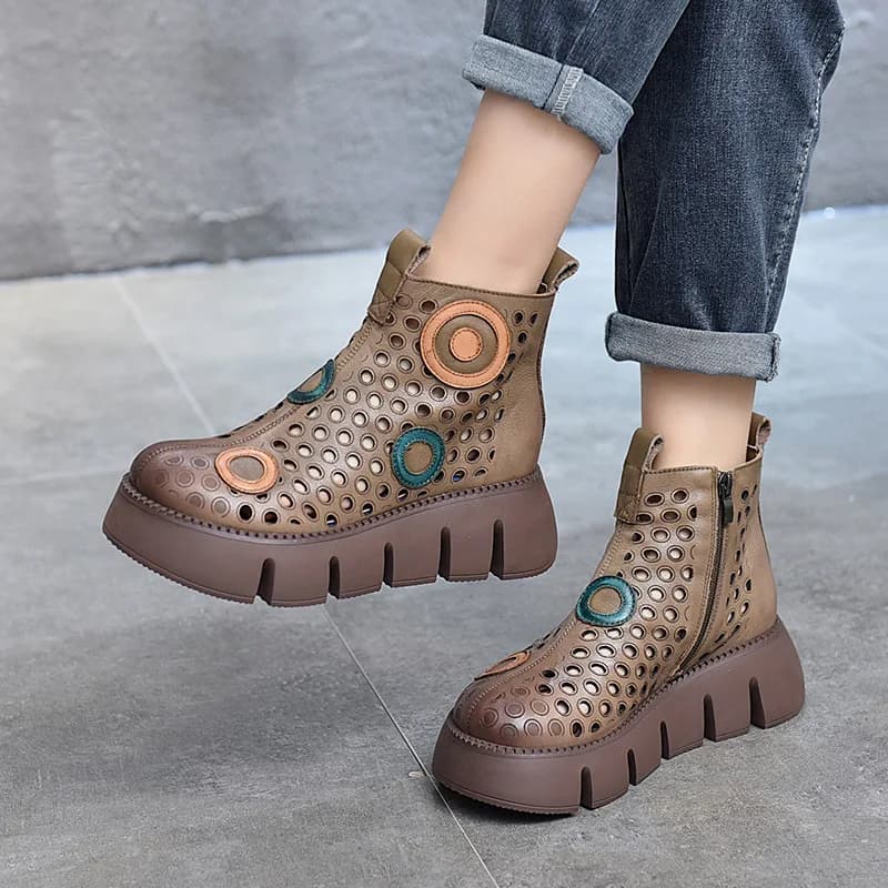 Ethnic style thick-soled sandals leather hole shoes 2025 spring and summer leather short boots color-blocked hollow sandals