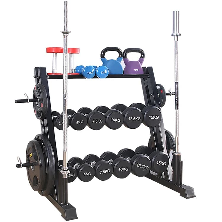Multifunctional dumbbell support for storing weights with shaft support with weight plate and barbell support for home gym