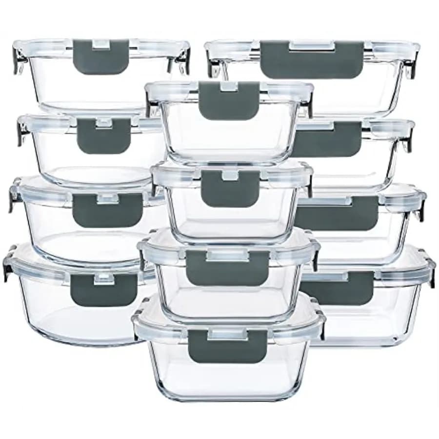 Set di 24 Contenitori in Vetro per Alimenti con Coperchi a Chiusura Ermetica Migliorati - Contenitori per Preparazione Pasti - Contenitori Ermetici per Pranzo
