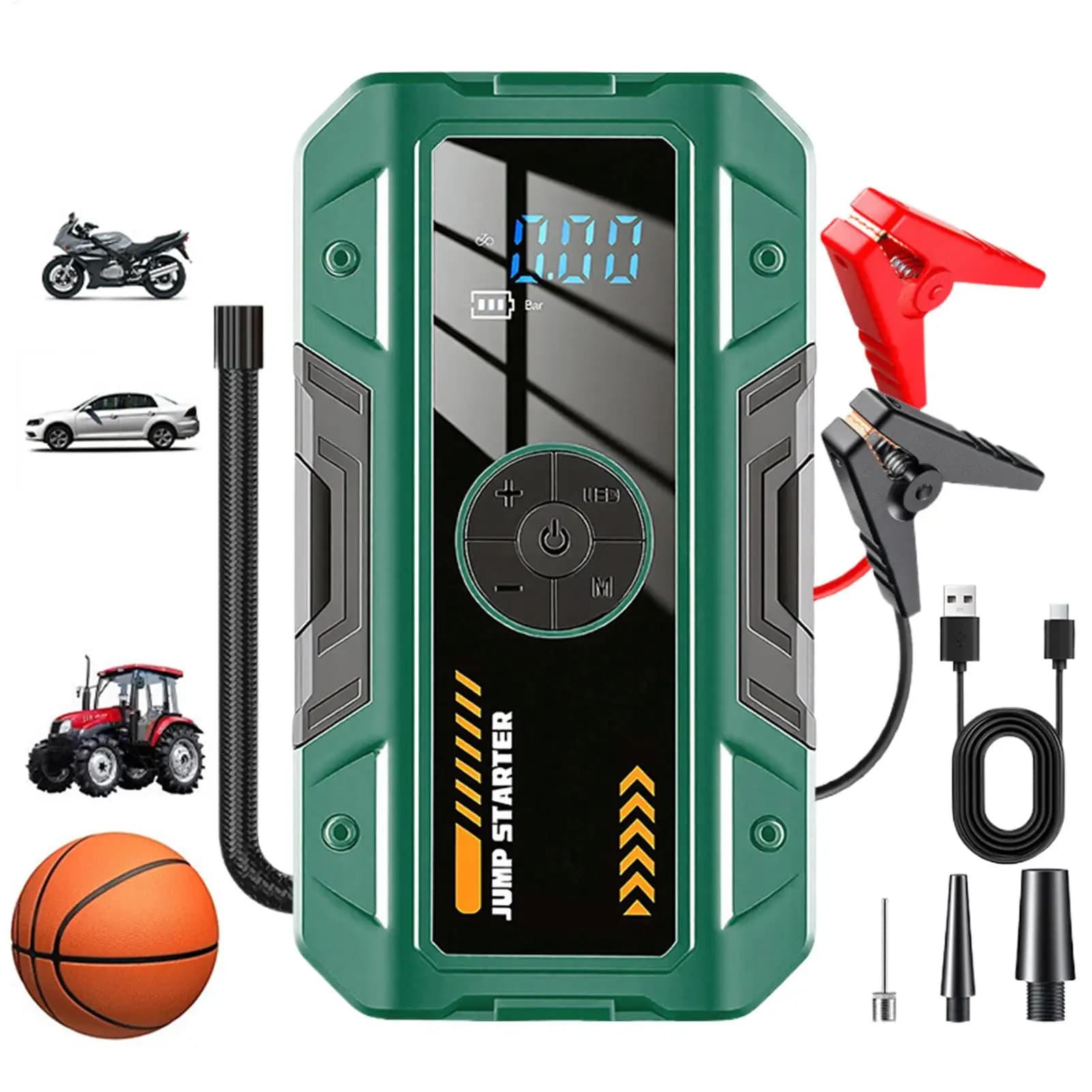 Avviatore d'emergenza per auto 2 in 1 con luce, display digitale, gonfiatore pneumatici resistente alle intemperie, kit di avviamento per auto, moto e altri veicoli.