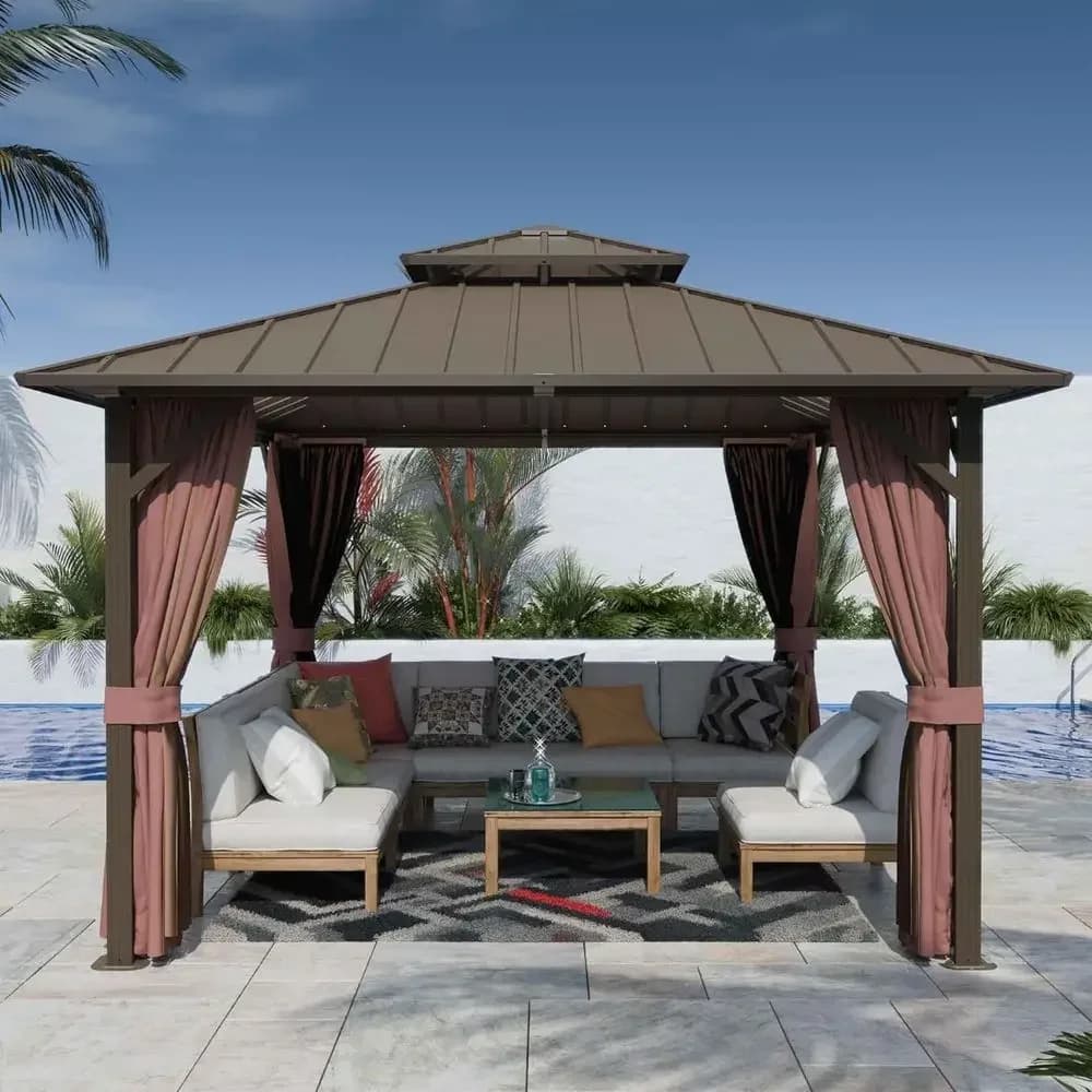 12'x12' Hardtop Gazebo, Outdoor e Galvanized Steel Double Roo Pavilion with Netting and Shaded Curtains, Permanent Metal Pergola