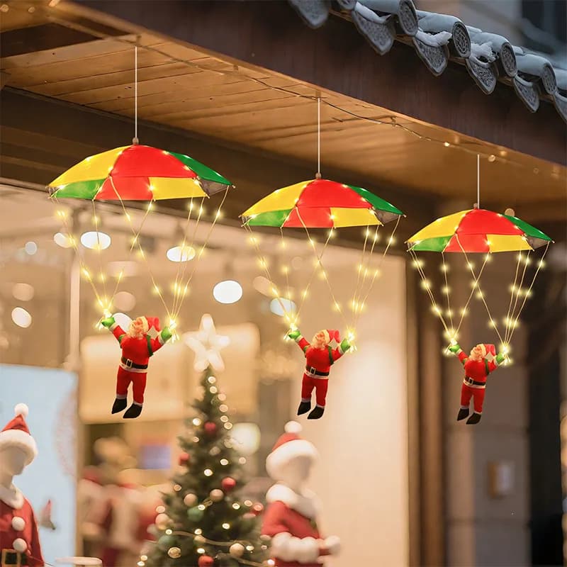 Parachute Christmas Santa Claus Parachute with Fairy Lights Hanging Decoration for Indoor Outdoor Holiday Decoration