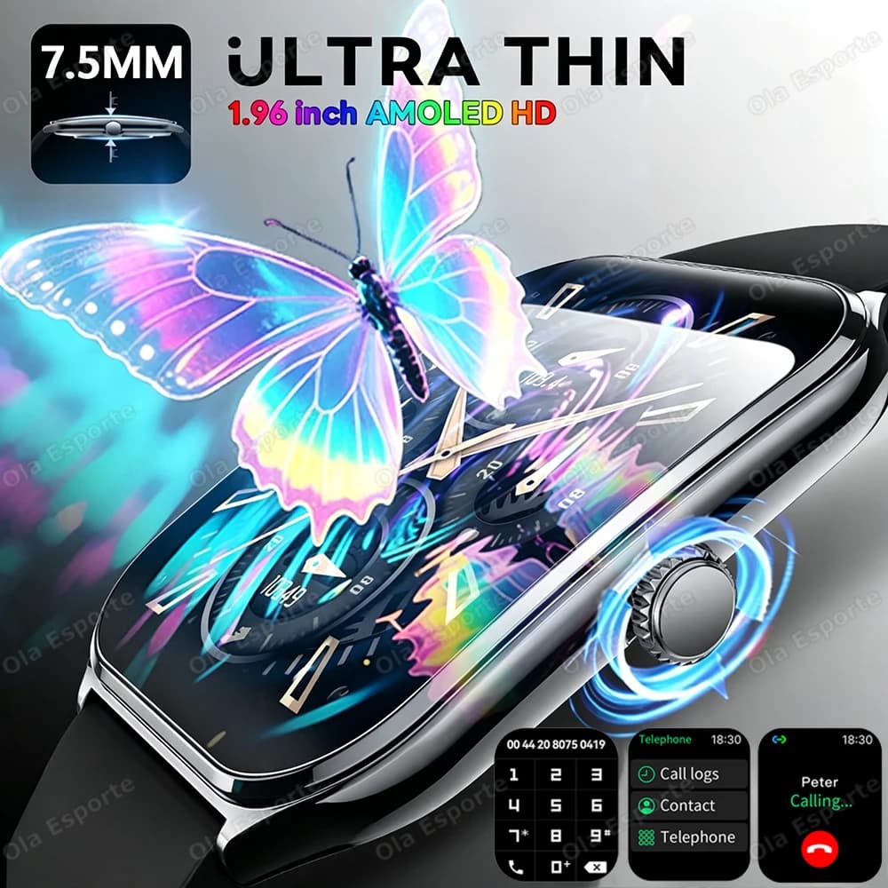New Ultra Thin Smart Watch Men 1.96" AMOLED Display Always Bluetooth Call Heart Rate Voice Assistant Waterproof Smartwatch Women