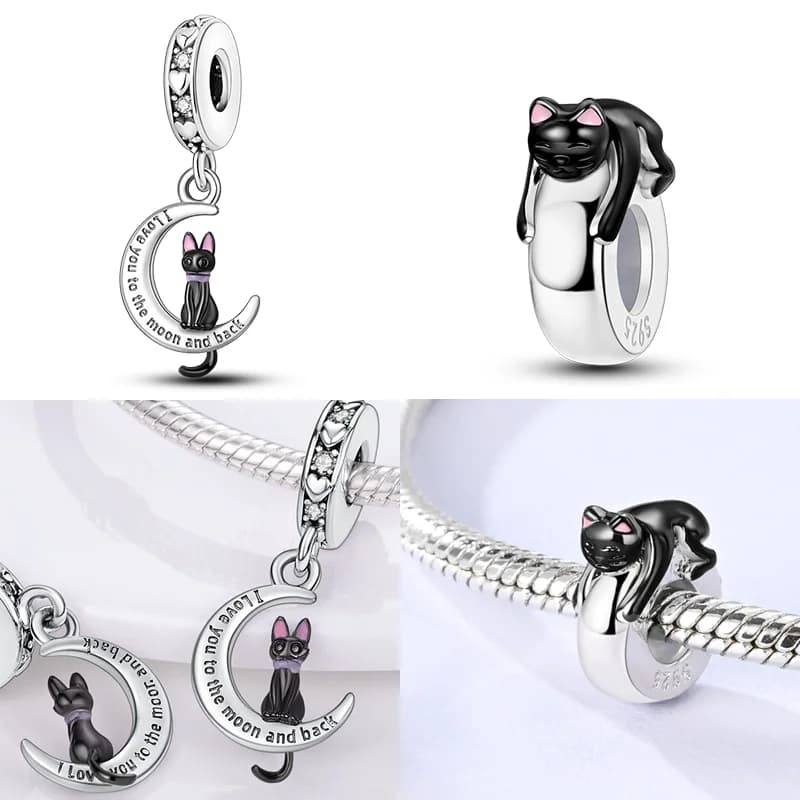 925 Sterling Silver Charms Bead CZ Zircon Celtic Black Cat Dangle Fit Original Bracelet DIY Women Jewelry Gift