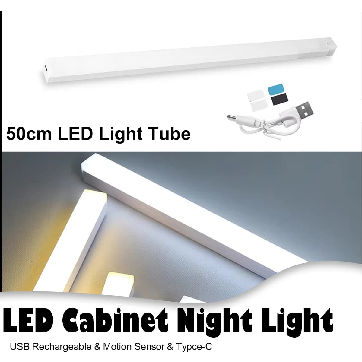 Luce LED per Armadio con Sensore di Movimento PIR 50CM, Ricaricabile USB, Bianco Freddo/Caldo, Lampada LED Sottopensile con Sensore di Movimento per Casa e Comodino