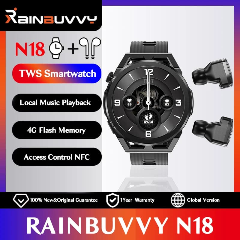 Rainbuvy N18 Smart Watch con riproduzione di musica locale auricolari Bluetooth Full Touch Screen Sport Wristband