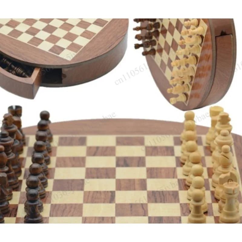 Round Wooden Rotating Board with Drawers To Store Magnetic Chess Pieces Portable Game Set