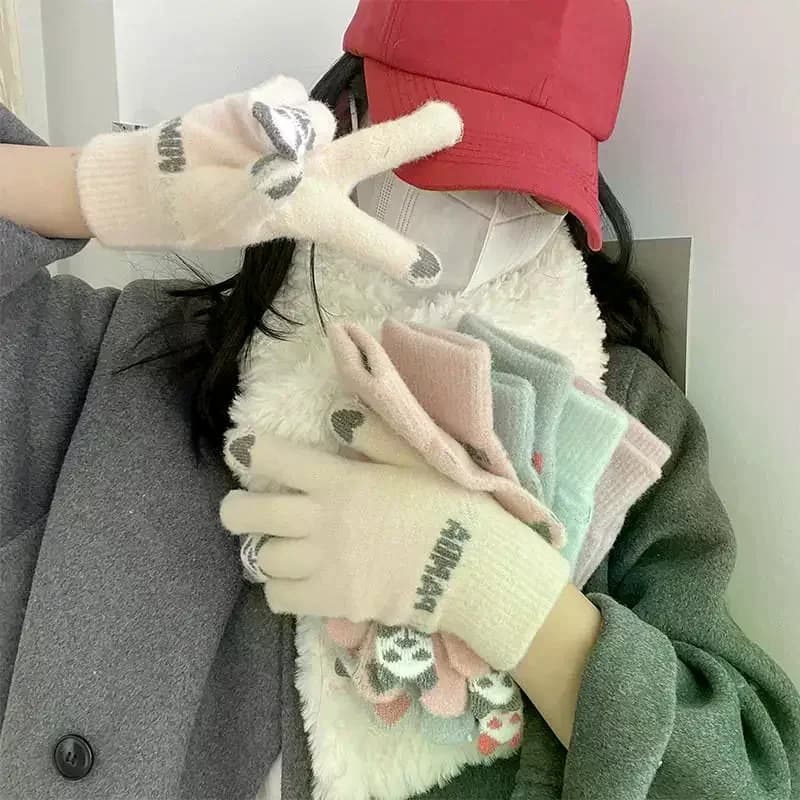 Guanti da Ciclismo Invernali da Donna con Dita Intere, Foderati in Peluche e Ispessiti, con Motivo a Cuore e Orsetto, Touch Screen