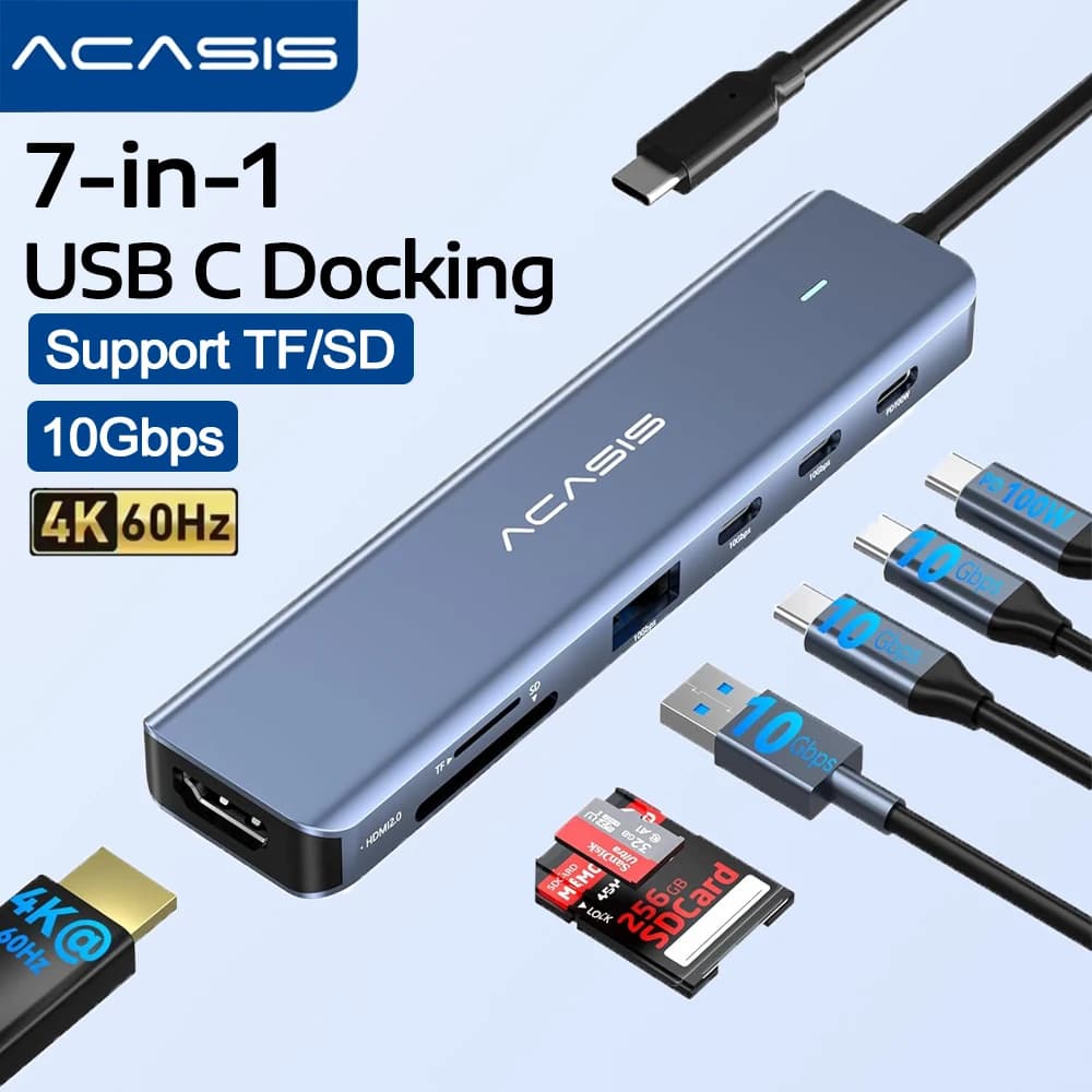 USB Hub C Acasis 10Gbps HDMI 4K Hub Multiport USBC with HDMI 4K@60HZ PD 100W Dock SD/TF for MacBook Mac Laptop