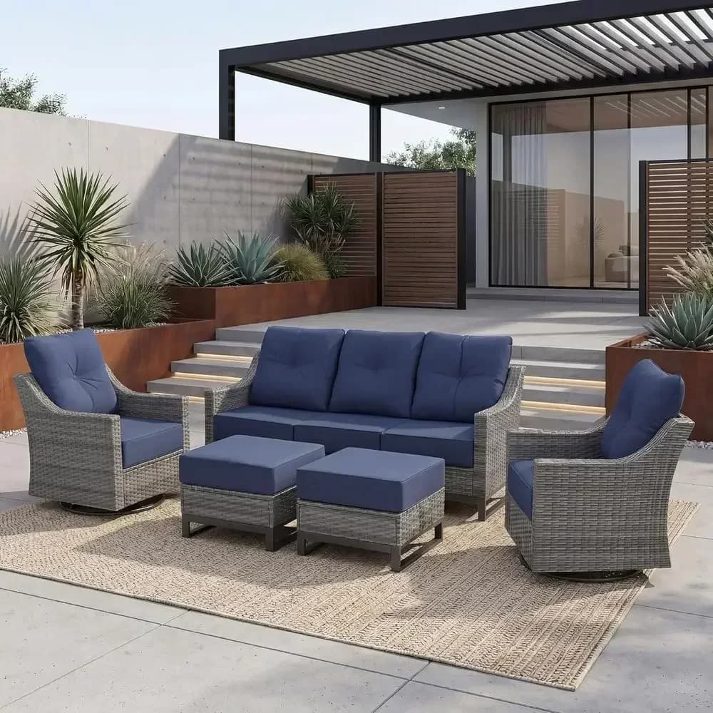 5-Piece Grey Wicker Patio Furniture Set with Swivel Rocking Chairs, Sofa, Ottomans, and Thick Cushions
