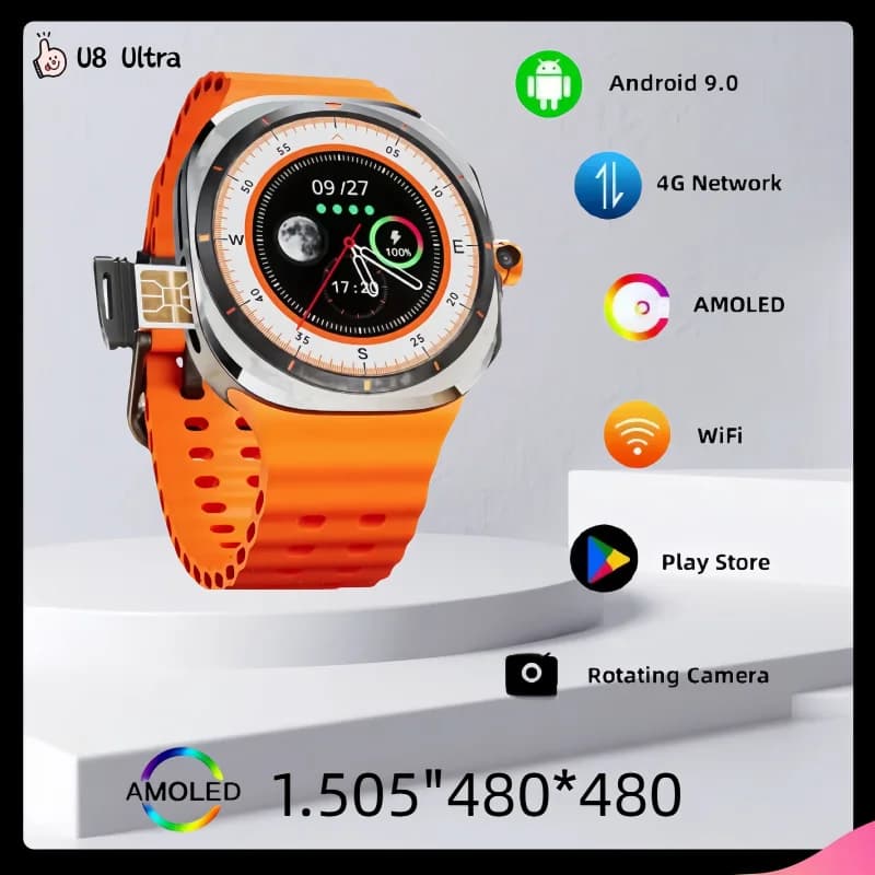 Chiamata globale telecamera rotante schermo Amoled GPS WIFI connessione di rete completa nuovo smartwatch Android 2025 U8 super 5G/4G