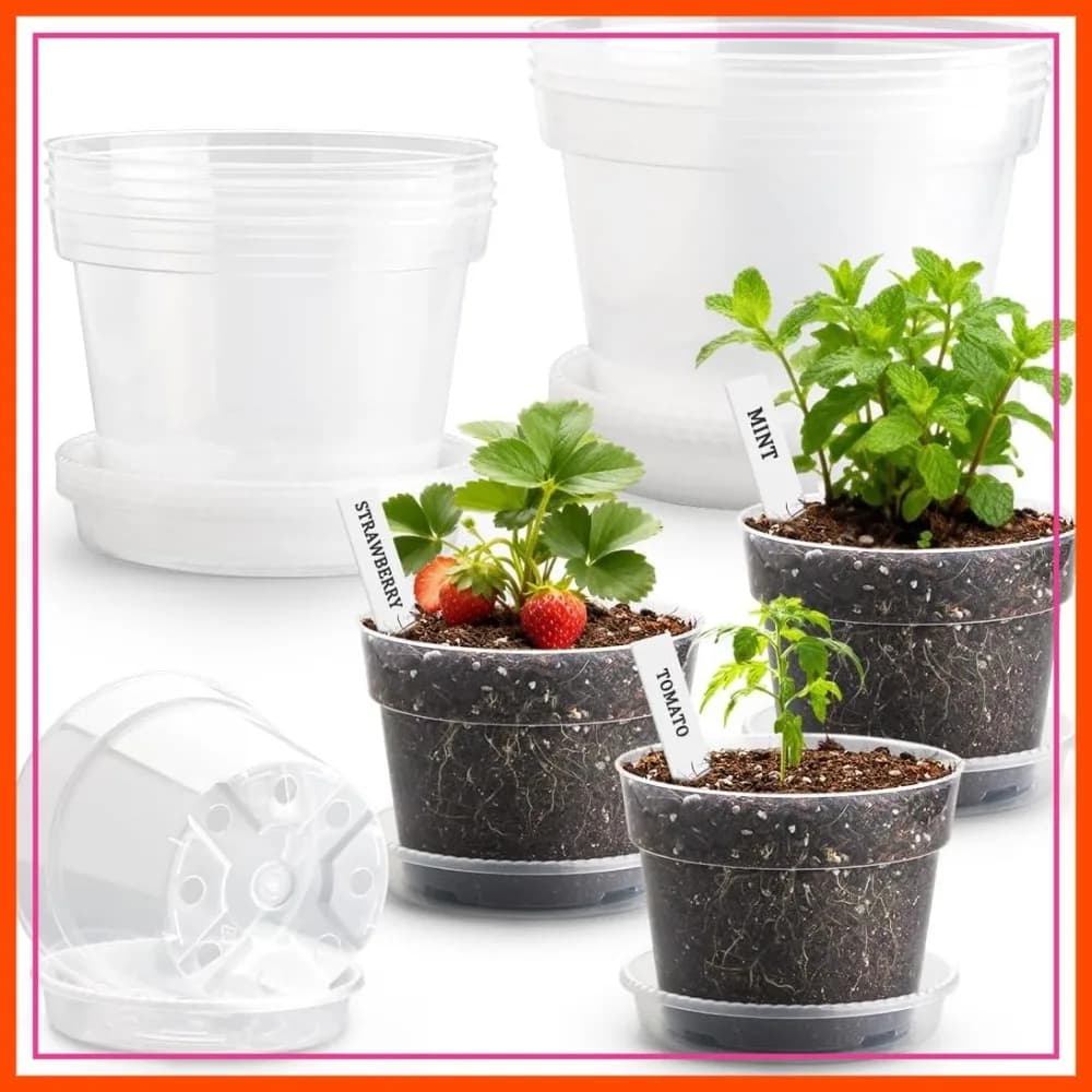 Set di 12 Vasi Trasparenti per Piante da 10/8/6 Pollici con Foro di Drenaggio, Vasi in Plastica Robusta con Sottovasi, Etichette per Piante, Guanti per Semi, Erbe, Verdure e Fiori