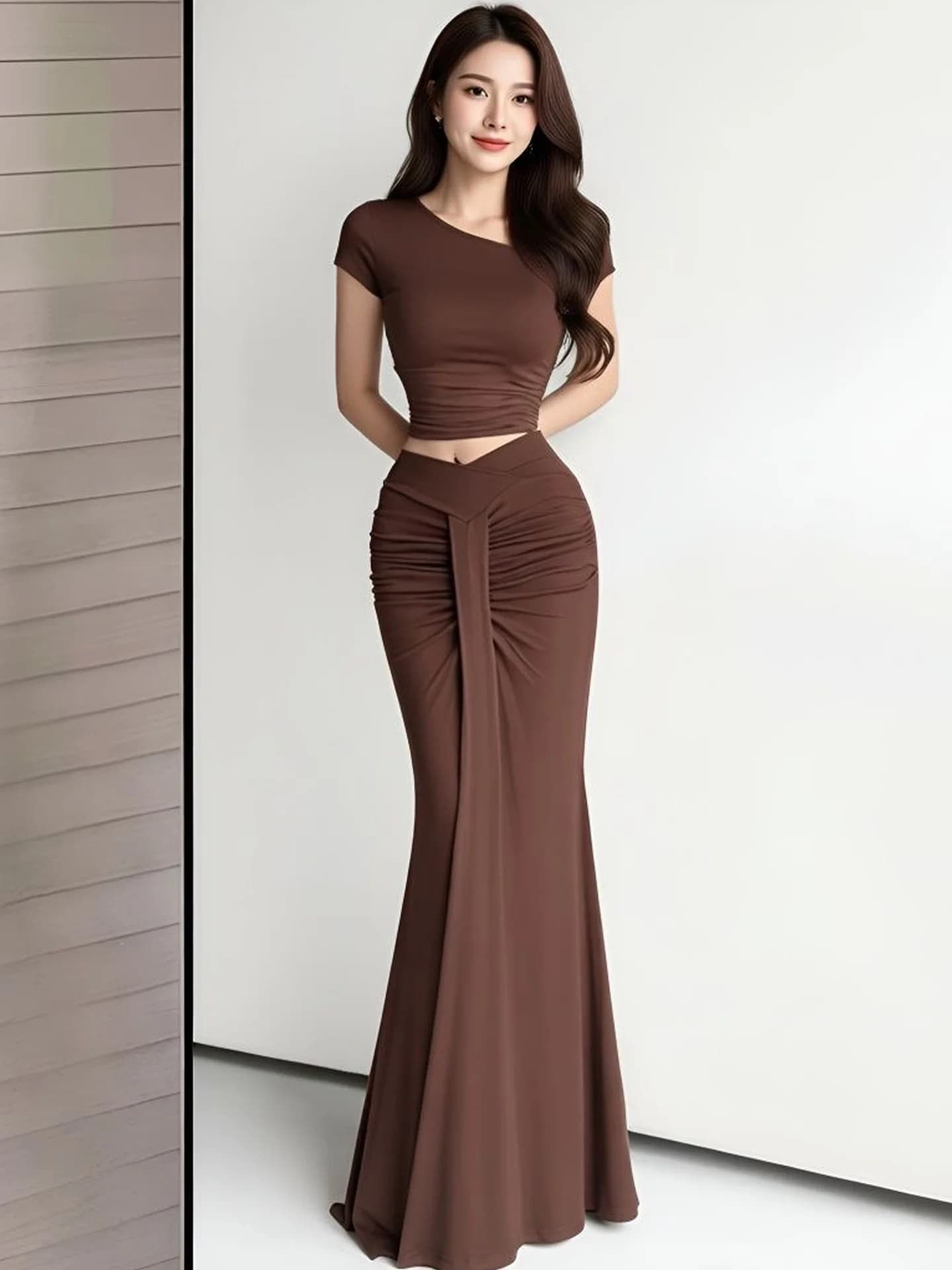 Gonna lunga a vita alta asimmetrica plissettata a coda di pesce, nuova collezione estiva da donna, gonna a mezza lunghezza trendy che snellisce e nasconde le imperfezioni