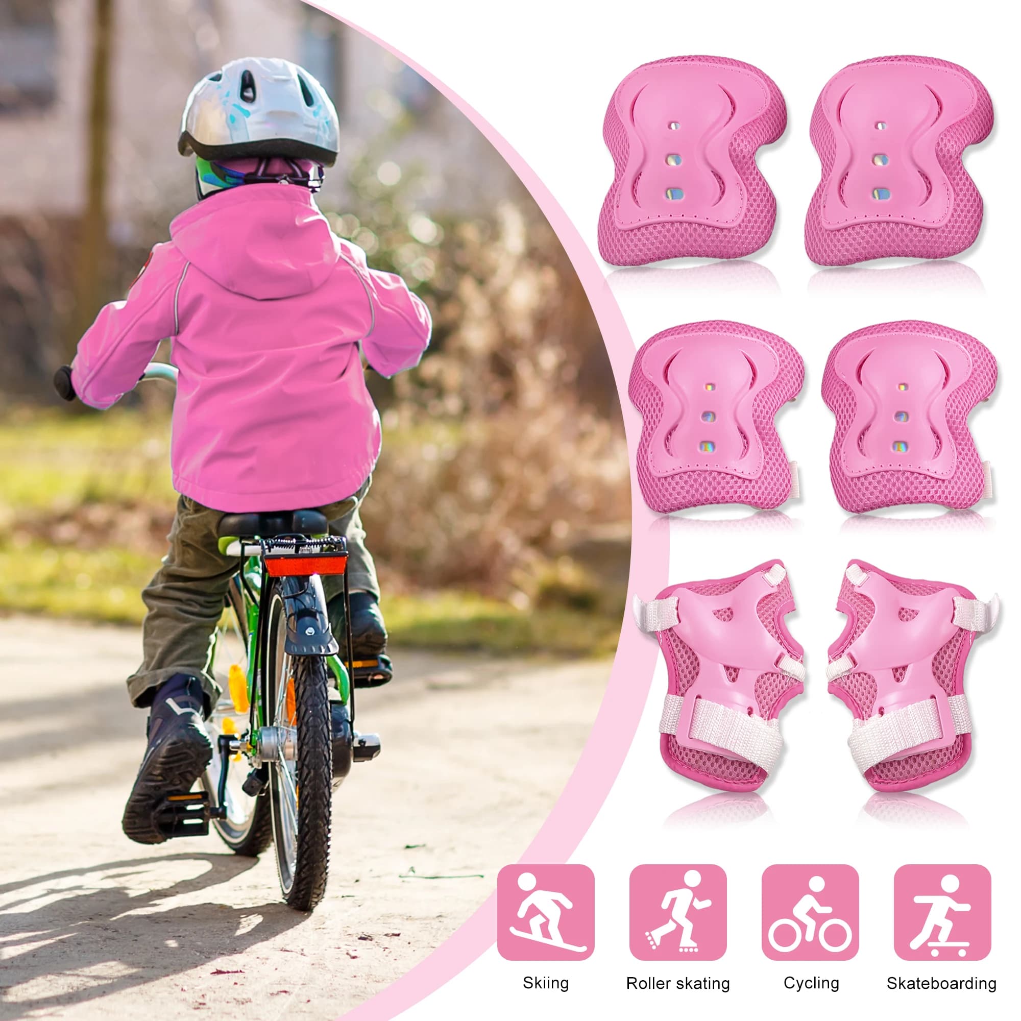 UXCELL Set di 6 Protezioni per Polsi, Gomiti e Ginocchia per Skate e Bici, Supporto Protettivo Rosa