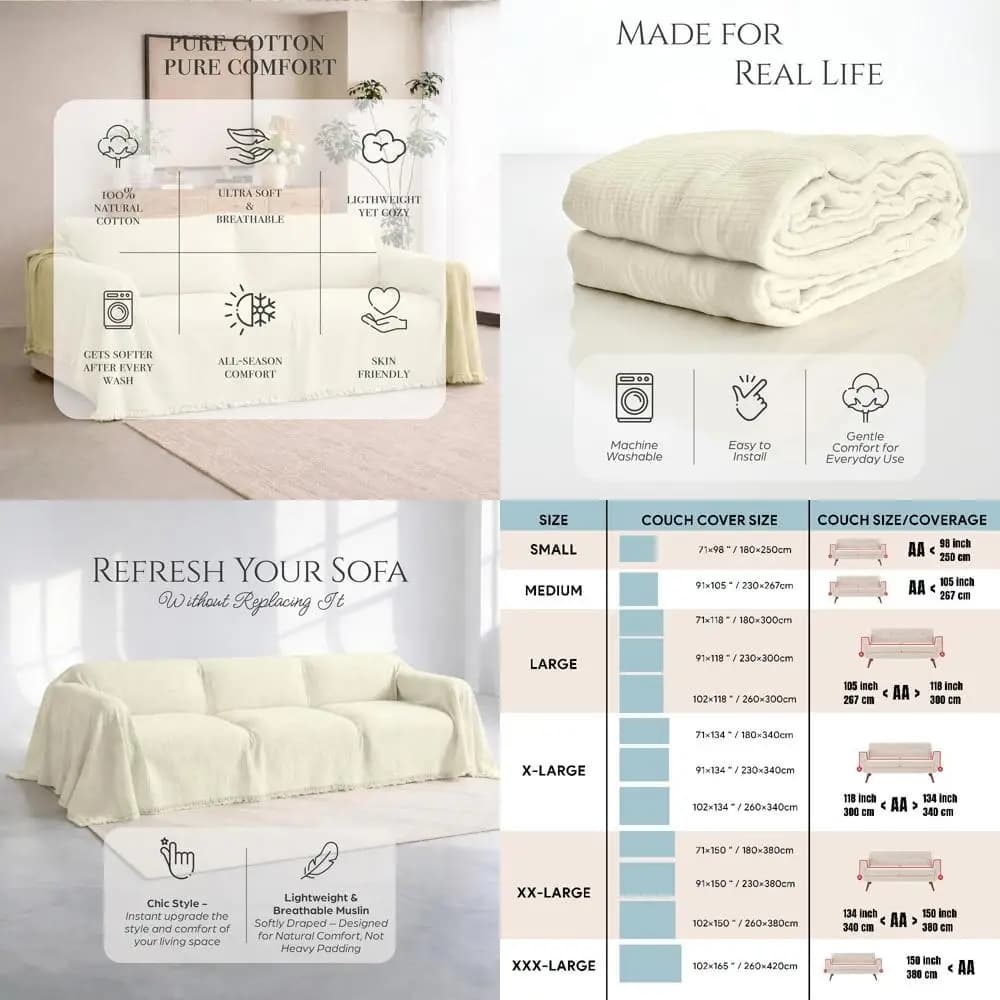 100% Natural Cotton Washable Cover, Cream, 102x181/260x460cm, Boho Style for Sofa, Sofa, L-Composable Sofa