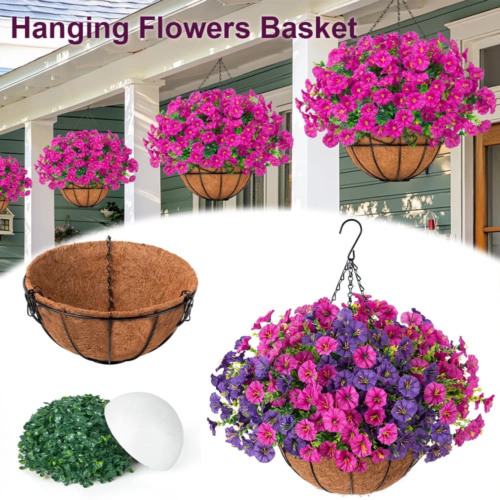 Artificial flowers of morning glory hung with set of outdoor UV resistant fake plant baskets for home garden porch courtyard decoration