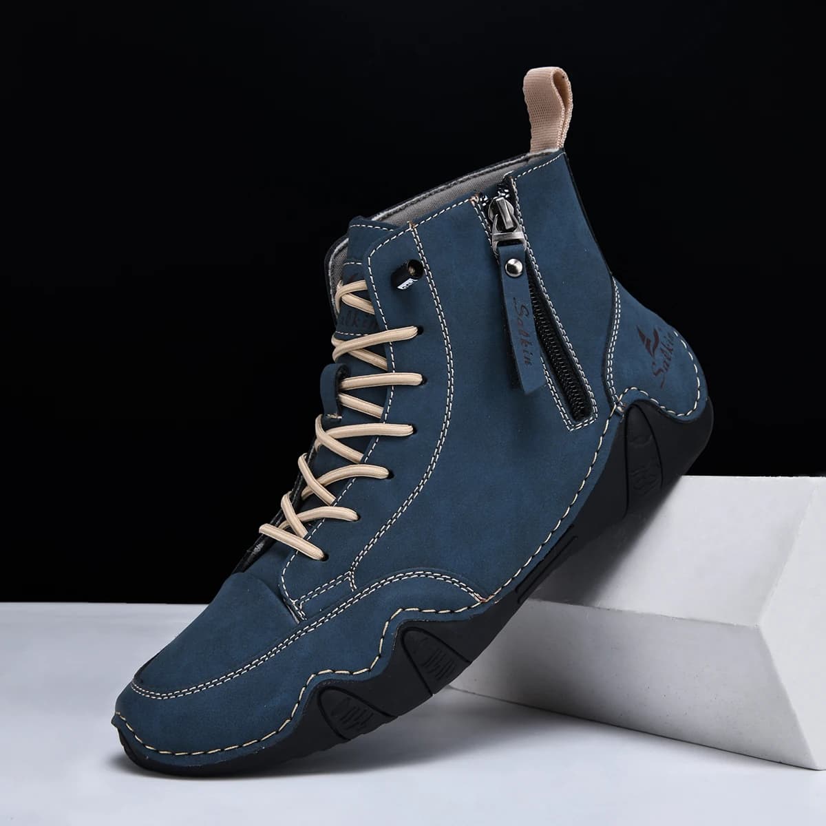 Men's Hand-Stitched Vintage Boots Fashion Side Zipper High-Top Casual Shoes Spring Autumn Bare Boots Outdoor Hiking Sneakers