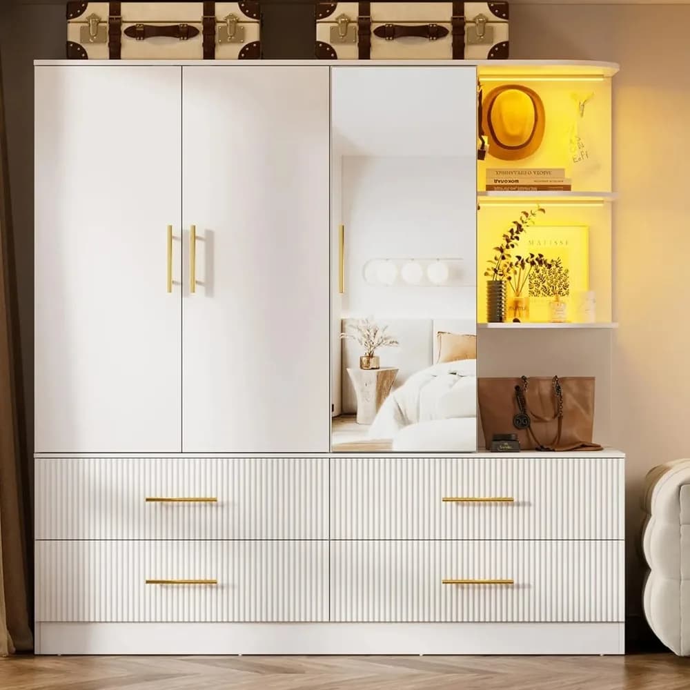 3 Door Armoire Wardrobe Closet, 70.87" H Bedroom Armoires with Drawers, Mirror, LED Light, Hanging Rod, Side Hooks,, Customized