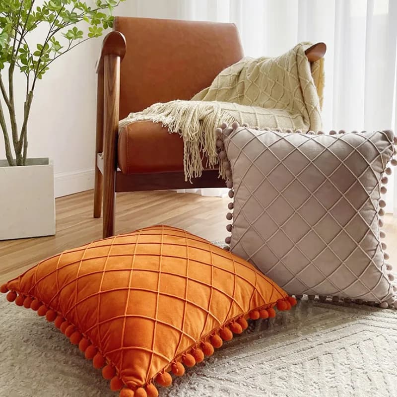 Fodera per cuscino lombare in velluto 30x50cm 45x45cm a strisce diamantate con nappe a pompon, giallo arancione, morbida federa decorativa per la casa