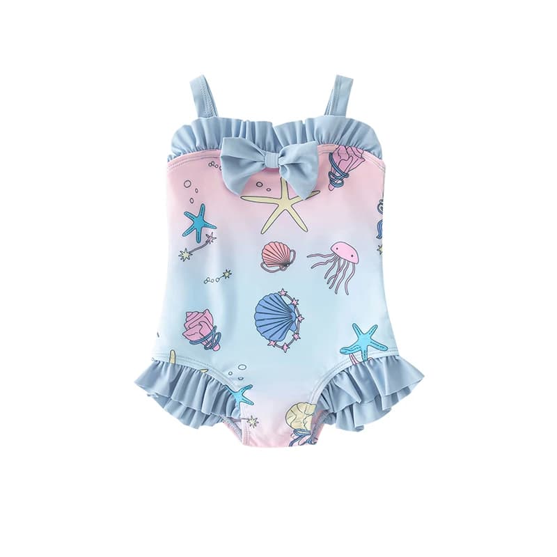 Costume da bagno intero estivo per bambine 2-9 anni, con motivo a conchiglie e stelle oceaniche, con laccetti sul retro.