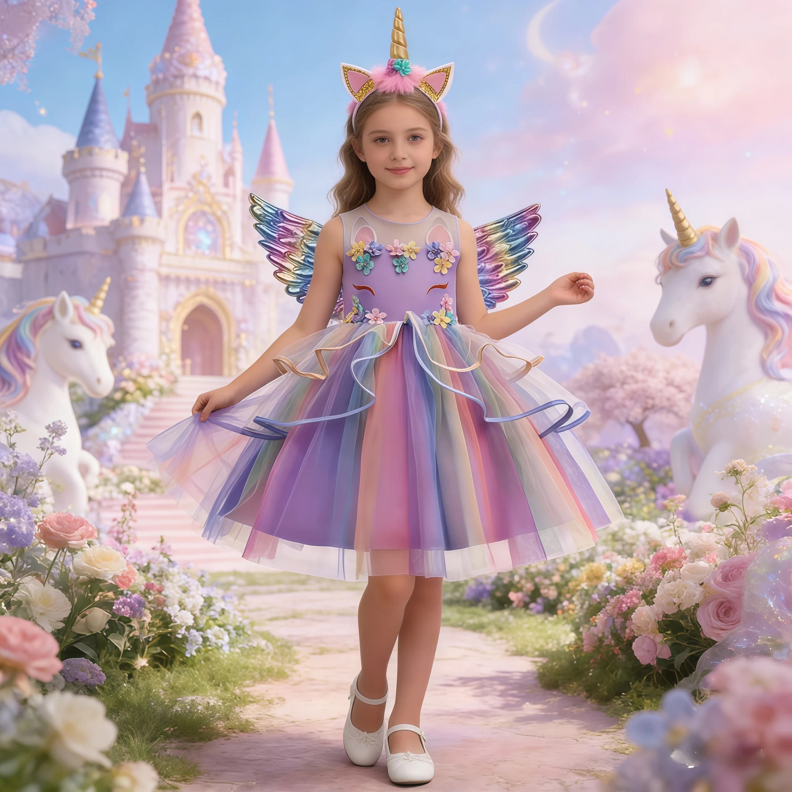 Abito da principessa in rete di unicorno senza maniche con ricamo da ragazza da sogno con ala a cerchio per capelli per bambini, regalo di compleanno per spettacoli di feste 2-10T