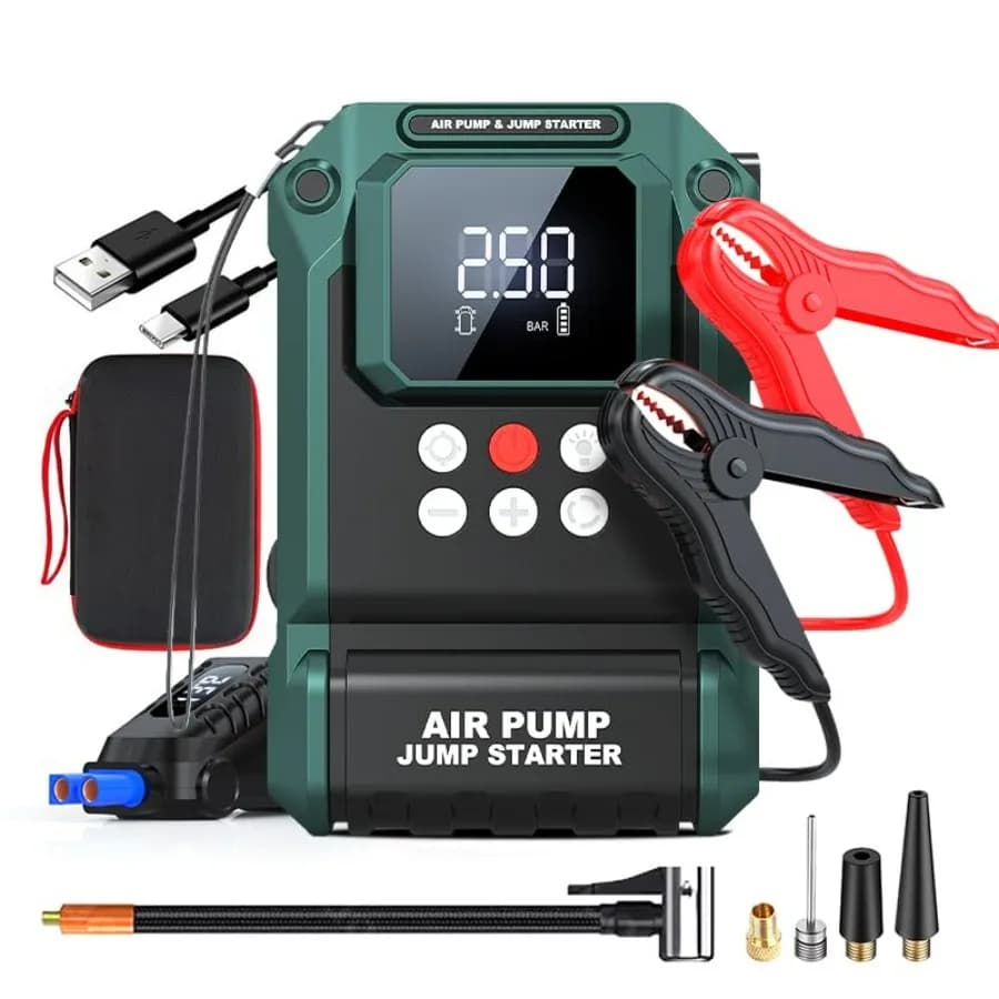 Avviatore di Emergenza Portatile 21800mAh 12V con Compressore d'Aria 2000A 150PSI, Display LCD, Cavi di Avviamento Intelligenti e Luci LED per Motori a Benzina/Diesel 12.0L