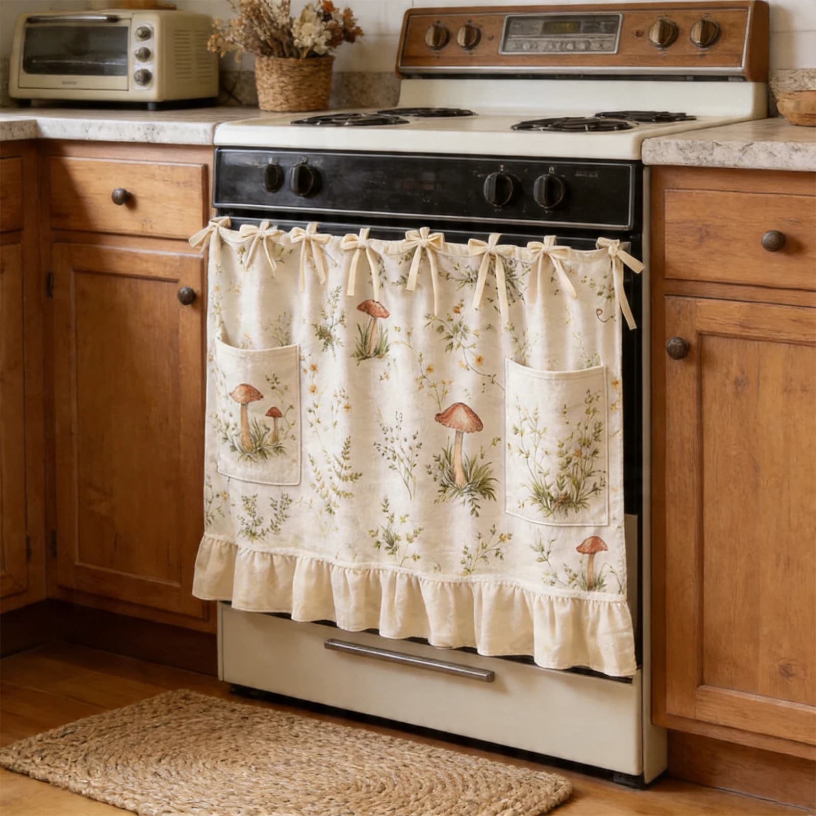 Telo Copriforno con Tasche, Tenda Decorativa Rustica per Fornello con Bordo Arricciato e Lacci a Nastro, Arredo Moderno per Cucina in Stile Fattoria