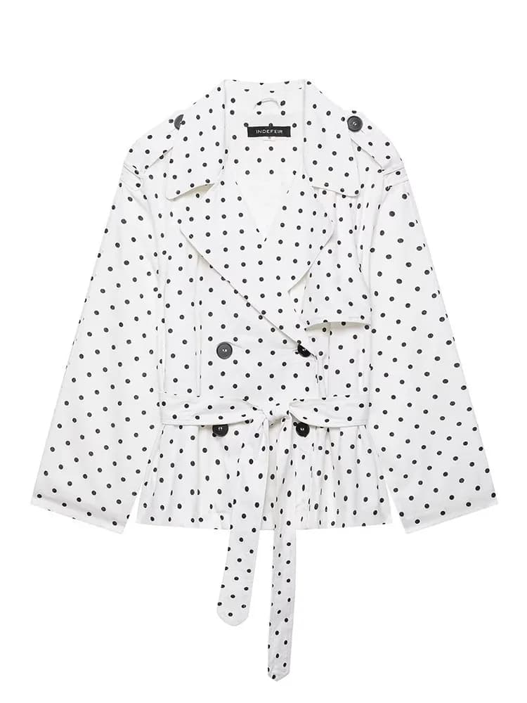 HH Women Summer Elegant White Black Polka Dot Short Trench Coat Double Breasted Belted Waist Notched Lapel Long Sleeve Outerwear