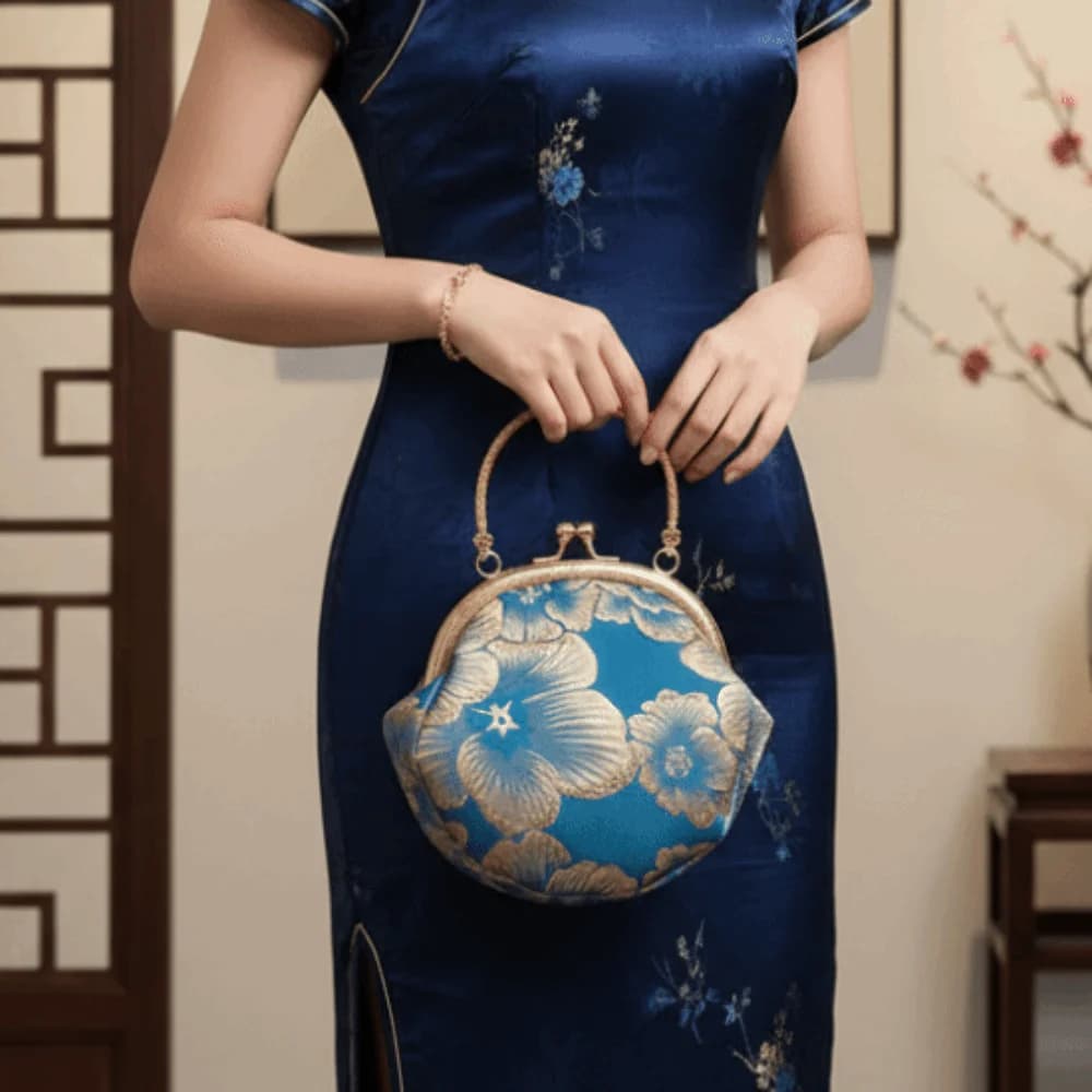 Floral Brocade Cheongsam Bag Jacquard Metal Clasp Kiss Lock Purse Satin Fabric Detachable Chain Embroidered Clutch Wedding Party