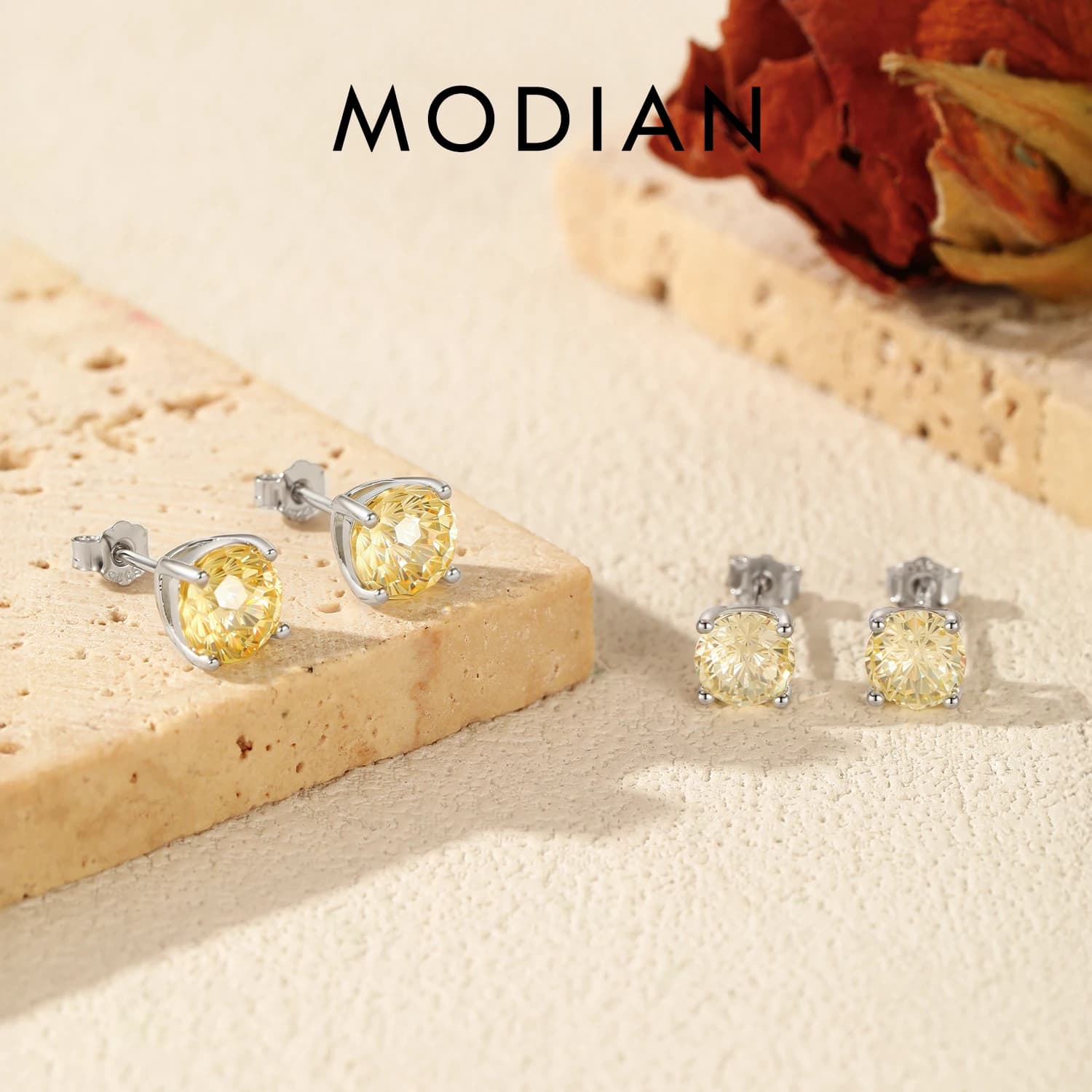 MODIAN Orecchini a bottone rotondi con zirconi a forma di fuochi d'artificio giallo chiaro in argento sterling 925 per donne e uomini gioielleria raffinata