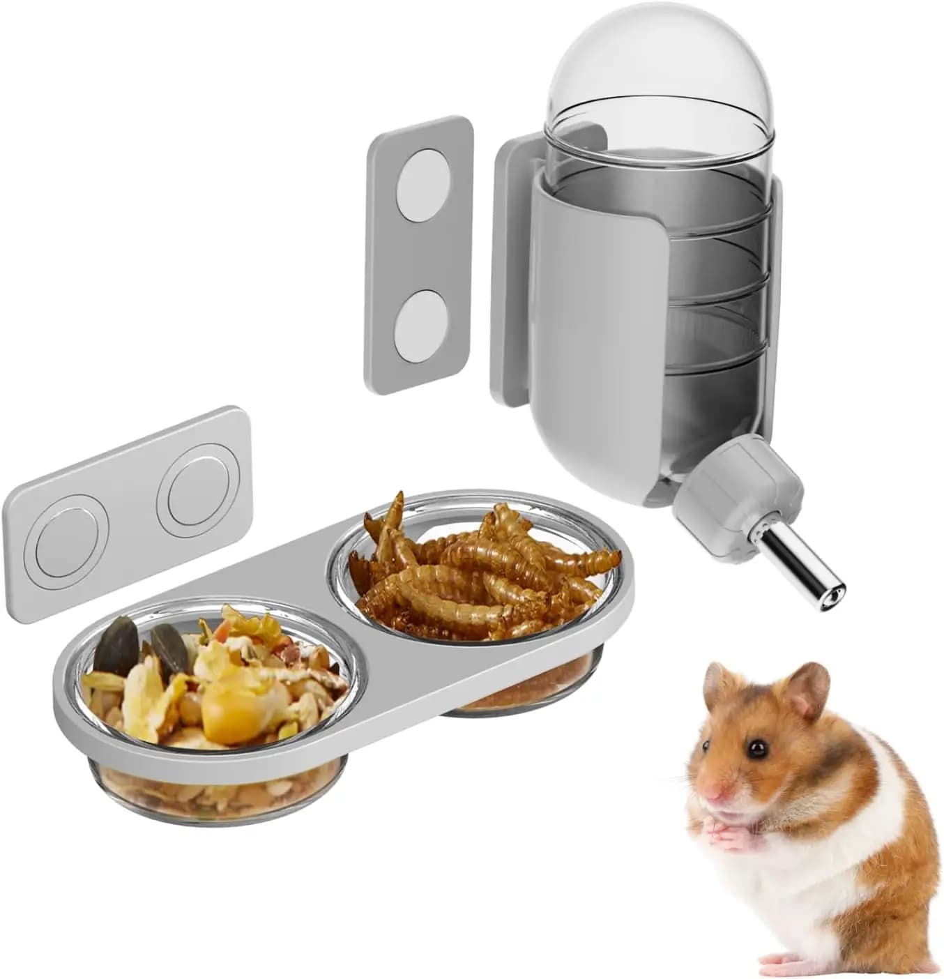 Set di Alimentazione Magnetico per Criceti, Bottiglia d'Acqua da 120ml e Ciotola per Cibo per Terrari in Vetro, per Criceti Siriani, Criceti Nani, Gerbilli, Topi, Ratti, Grigio