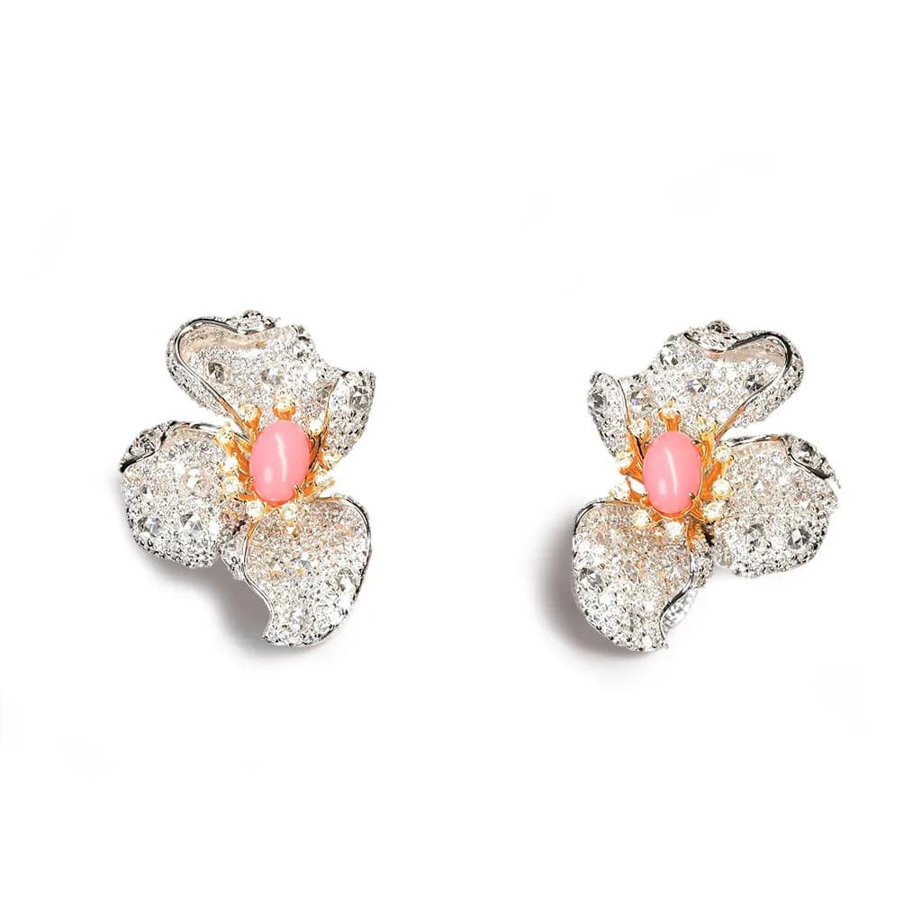 BELLUX Fine Earrings with Phalaenopsis Rose Flower in 925 Silver Plated Gold with High Carbon Synthetic Diamonds