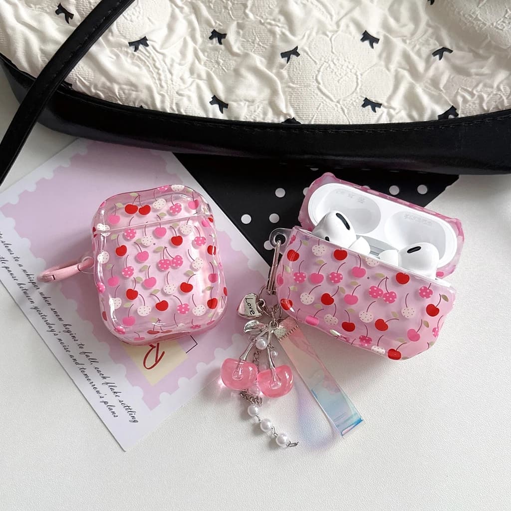 Sweet Girly Transparent Pink Cherry Polka Dot Wavy Edge With Pendant Earphone Cover Case for AirPods 1 or 2 3 4 Pro 2 Pro 3