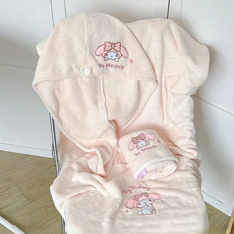 Bathroom towel in Plush with Pattern Cartoon Melody, Hairdresser in Coral Apple, Bathroom Set Suitable for Adults, Wrap Towels, Gift for Girls