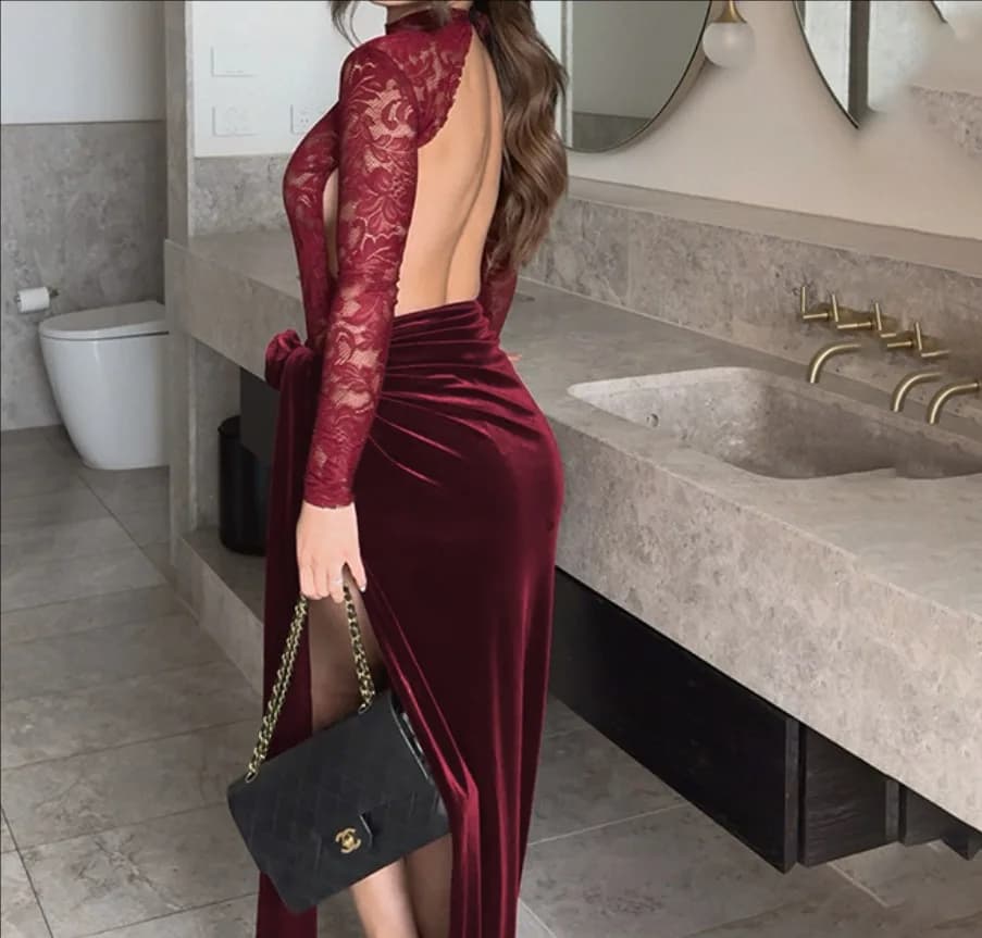 DSMTRC Vino Rosso O Collo Sheer Manica lunga Backless Slit Club Party Abiti lunghi Patchwork di pizzo Velluto Abito maxi sexy per le donne