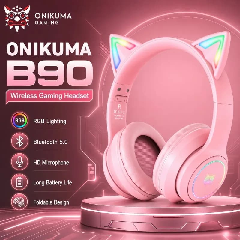 Onikuma B90 Cute Cat Ear Wireless Headphones Gaming Headset RGB Light Stereo Sound Foldable Earphones For Girls Gifts PC Laptop
